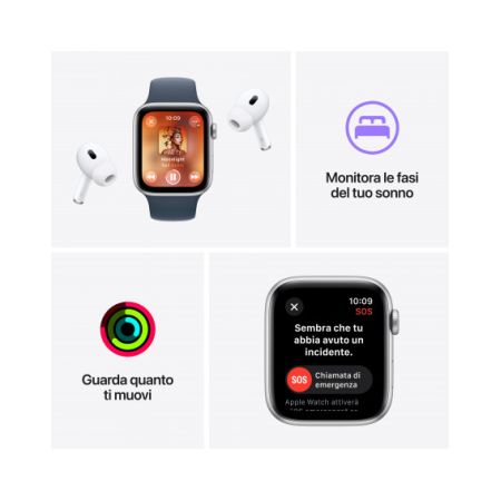 2023 - Apple Watch SE GPS 44mm Cassa in alluminio argento - Cinturino sport blu tempesta - S/M