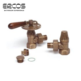 Kit valvola detentore tappo e valvolino 1/2'' anticati, manico in legno stile Liberty