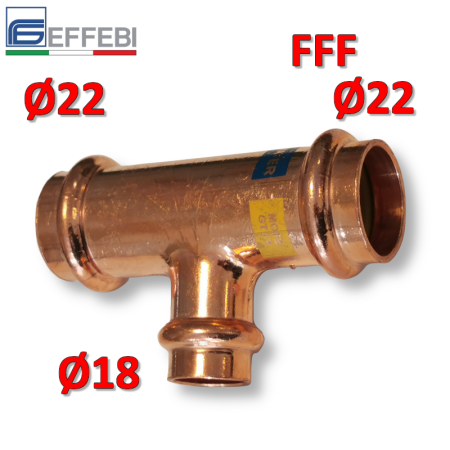 Raccordo tee T ridotto FFF Ø 22x18x22 mm - rame a pressare UNICO per acqua e gas
