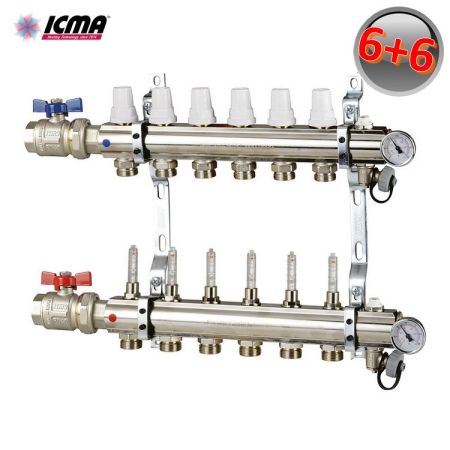 ICMA K023 Collettore 6 attacchi riscaldamento 1'' in ottone con rubinetti e misuratori di portata