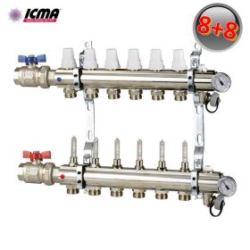 ICMA K023 Collettore 8 attacchi riscaldamento 1'' in ottone con rubinetti e misuratori di portata