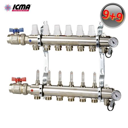 ICMA K023 Collettore 9 attacchi riscaldamento 1'' in ottone con rubinetti e misuratori di portata