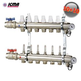 ICMA K023 Collettore 10 attacchi riscaldamento 1'' in ottone con rubinetti e misuratori di portata