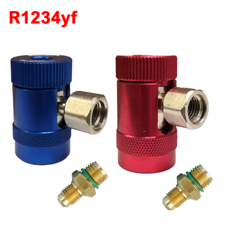 Coppia attacchi rapidi alta e bassa pressione 90° con rubinetto per gas R1234yf