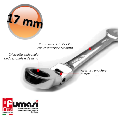 Chiave fissa combinata a cricchetto reversibile 17 mm testa mobile a 180° - in acciaio al cromo vanadio