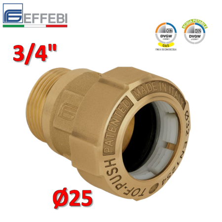 Raccordo TOF-PUSH monogiunto Ø 25 x 3/4'' maschio in ottone per tubo PE - polietilene