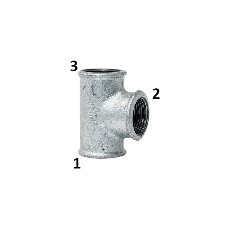 Tee T 1''1/2 x 3/4'' x 1''1/2 F-F-F 90° ridotto in ghisa malleabile zincato