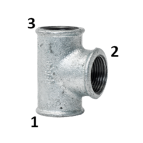 Tee T 1''1/2 x 1'' x 1''1/2 F-F-F 90° ridotto in ghisa malleabile zincato