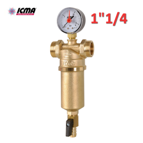 ICMA - Filtro autopulente 1''1/4 in ottone per acqua con bochettoni M-M , manometro e rubinetto di scarico